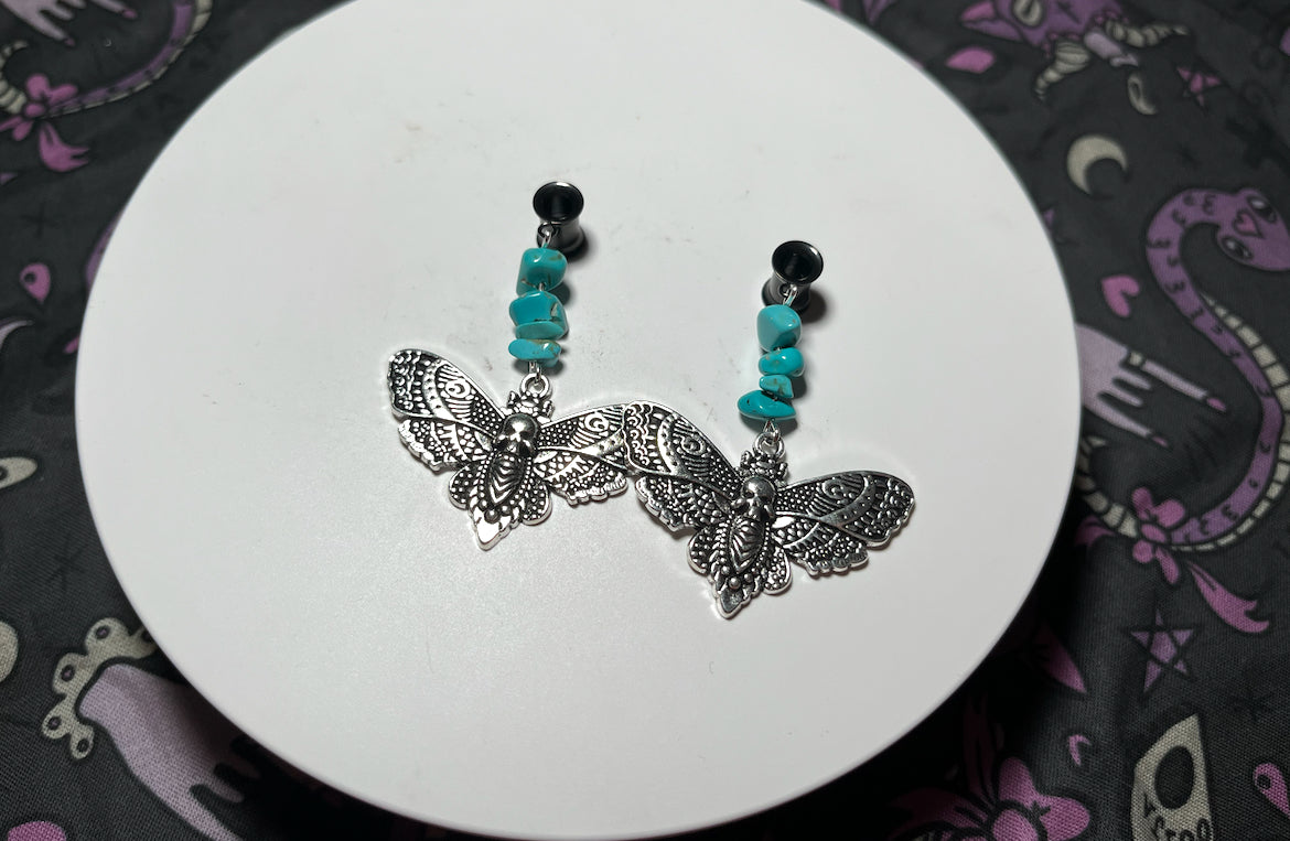 2g Tunnel Turquoise Deathhead Moth Earrings