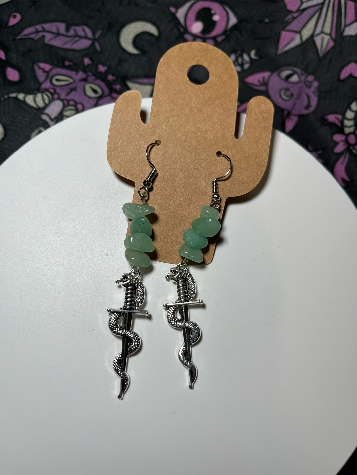 Handmade Aventurine Snake & Dagger Earrings
