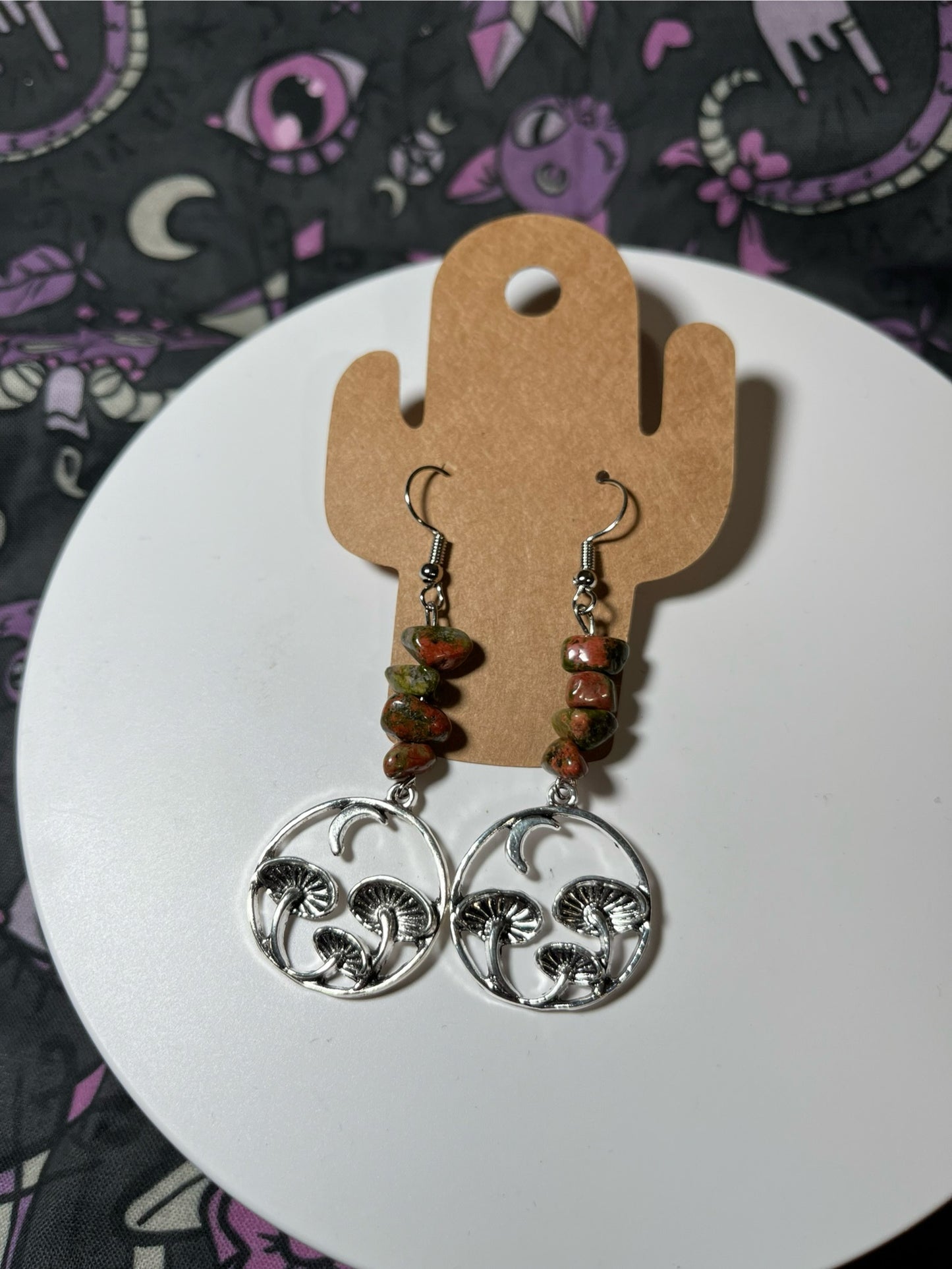 Handmade Unakite with Mushrooms Charm Earrings