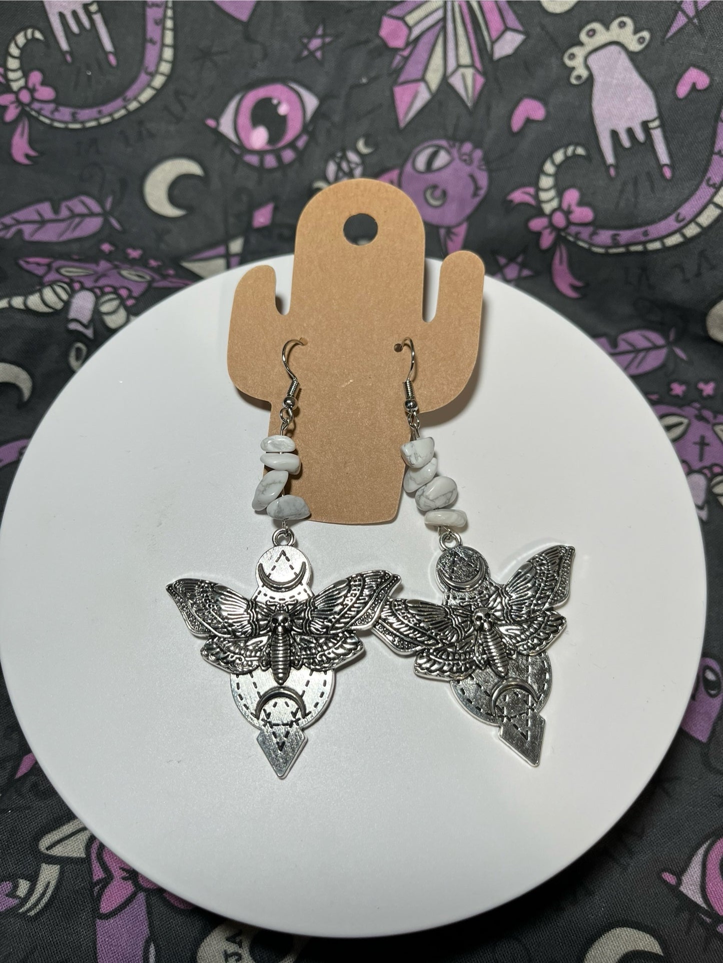 Handmade Howlite with Moths Charms Earrings