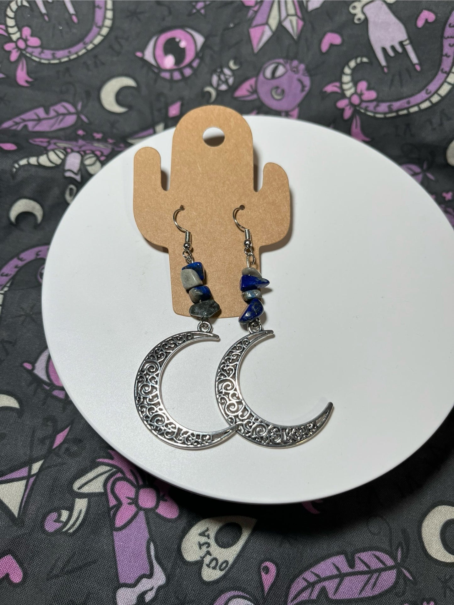Handmade Lapis Lazuli with Moon Charms Earrings